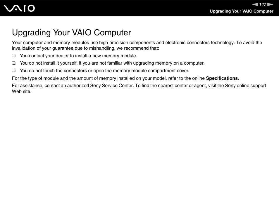 Upgrading your vaio computer | Sony VGN-SZ300 User Manual | Page 147 / 230