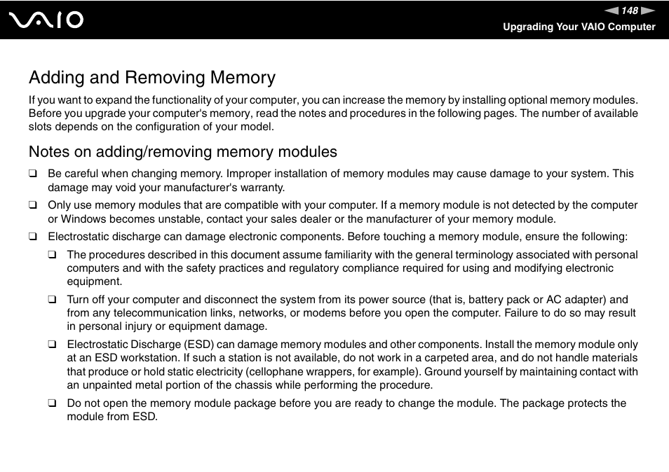 Adding and removing memory | Sony VGN-SZ300 User Manual | Page 148 / 230