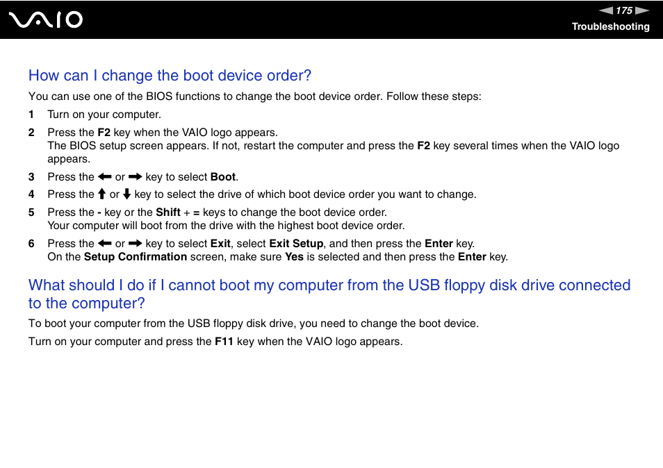 How can i change the boot device order | Sony VGN-SZ300 User Manual | Page 175 / 230