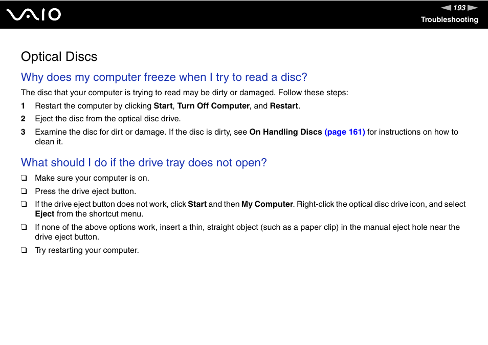 Optical discs, What should i do if the drive tray does not open | Sony VGN-SZ300 User Manual | Page 193 / 230