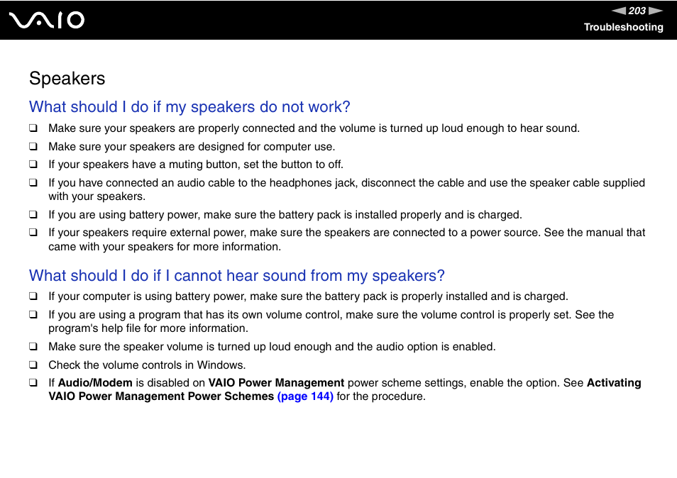 Speakers, What should i do if my speakers do not work | Sony VGN-SZ300 User Manual | Page 203 / 230