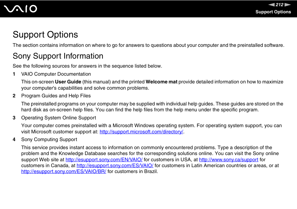 Support options, Sony support information | Sony VGN-SZ300 User Manual | Page 212 / 230