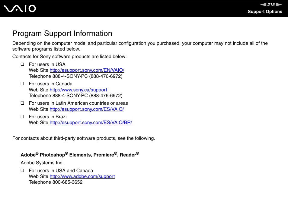 Program support information | Sony VGN-SZ300 User Manual | Page 215 / 230