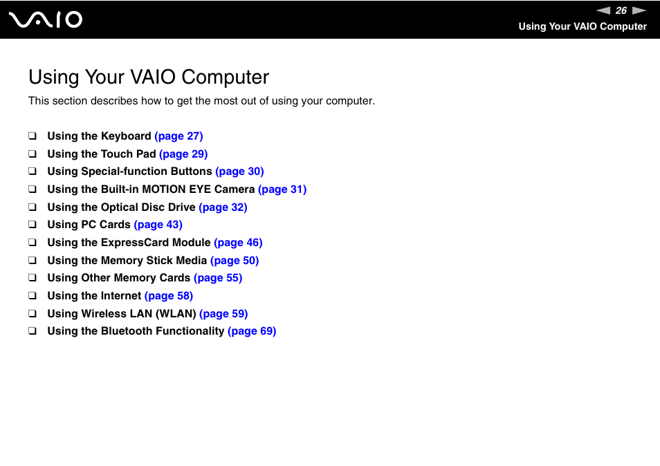 Using your vaio computer | Sony VGN-SZ300 User Manual | Page 26 / 230