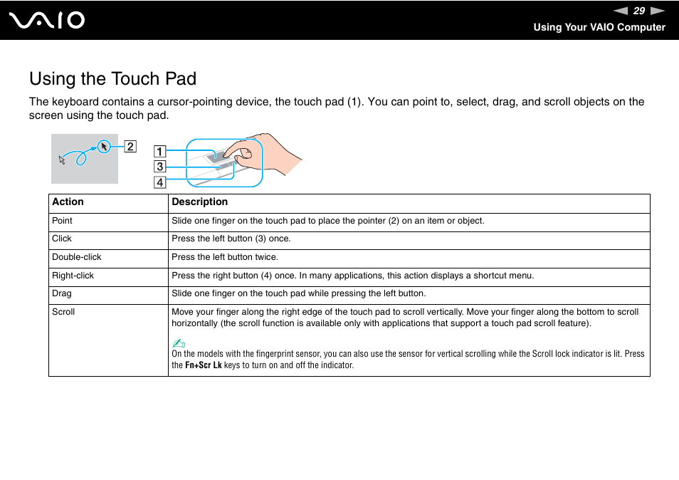 Using the touch pad | Sony VGN-SZ300 User Manual | Page 29 / 230