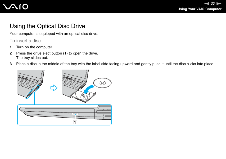 Using the optical disc drive | Sony VGN-SZ300 User Manual | Page 32 / 230