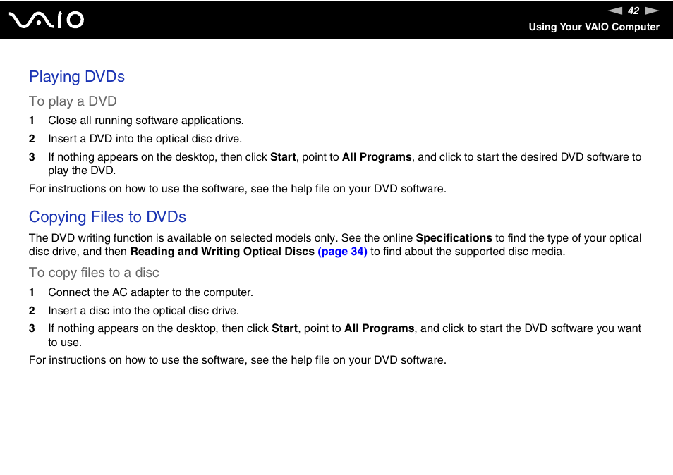 Playing dvds, Copying files to dvds | Sony VGN-SZ300 User Manual | Page 42 / 230