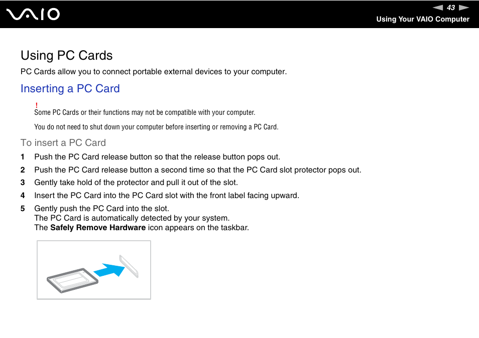 Using pc cards, Inserting a pc card | Sony VGN-SZ300 User Manual | Page 43 / 230