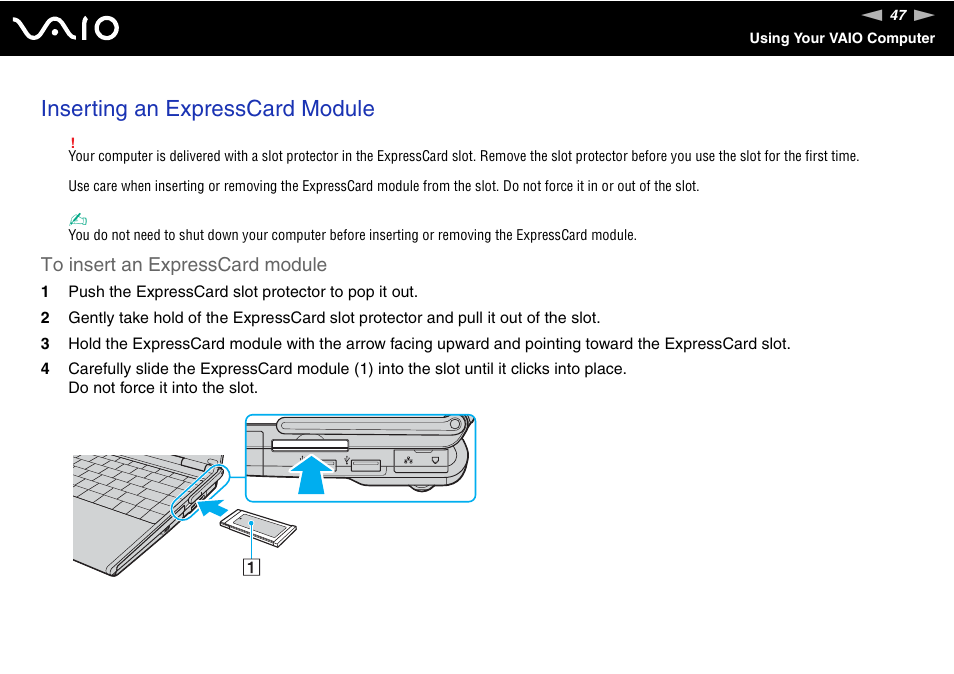 Inserting an expresscard module | Sony VGN-SZ300 User Manual | Page 47 / 230
