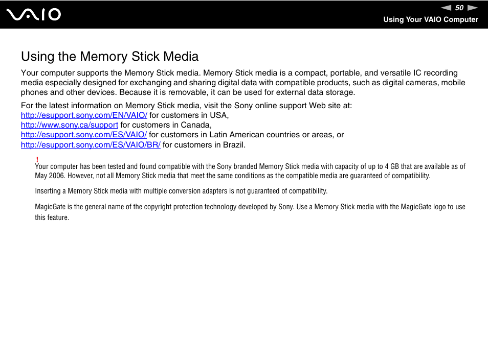 Using the memory stick media | Sony VGN-SZ300 User Manual | Page 50 / 230