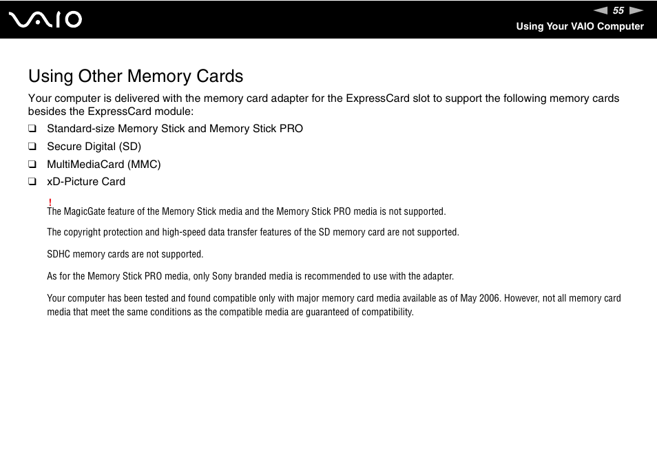 Using other memory cards | Sony VGN-SZ300 User Manual | Page 55 / 230