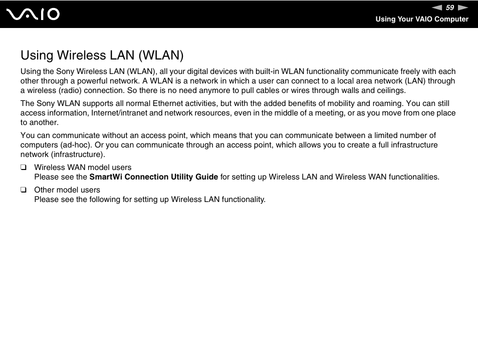 Using wireless lan (wlan) | Sony VGN-SZ300 User Manual | Page 59 / 230