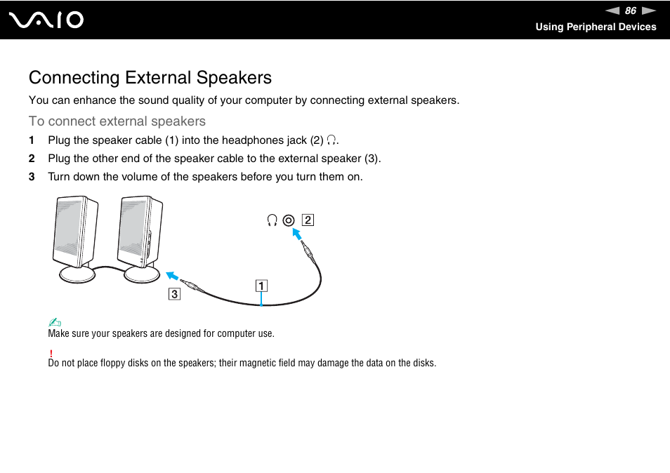 Connecting external speakers | Sony VGN-SZ300 User Manual | Page 86 / 230
