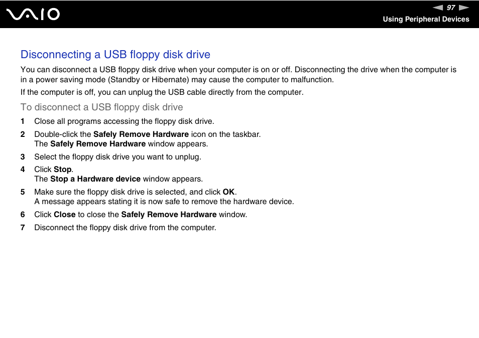 Disconnecting a usb floppy disk drive | Sony VGN-SZ300 User Manual | Page 97 / 230
