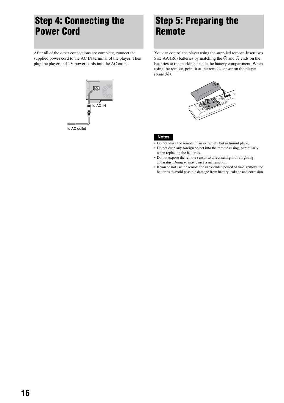 Step 4: connecting the power cord, Step 5: preparing the remote | Sony 3-270-909-11(1) User Manual | Page 16 / 71