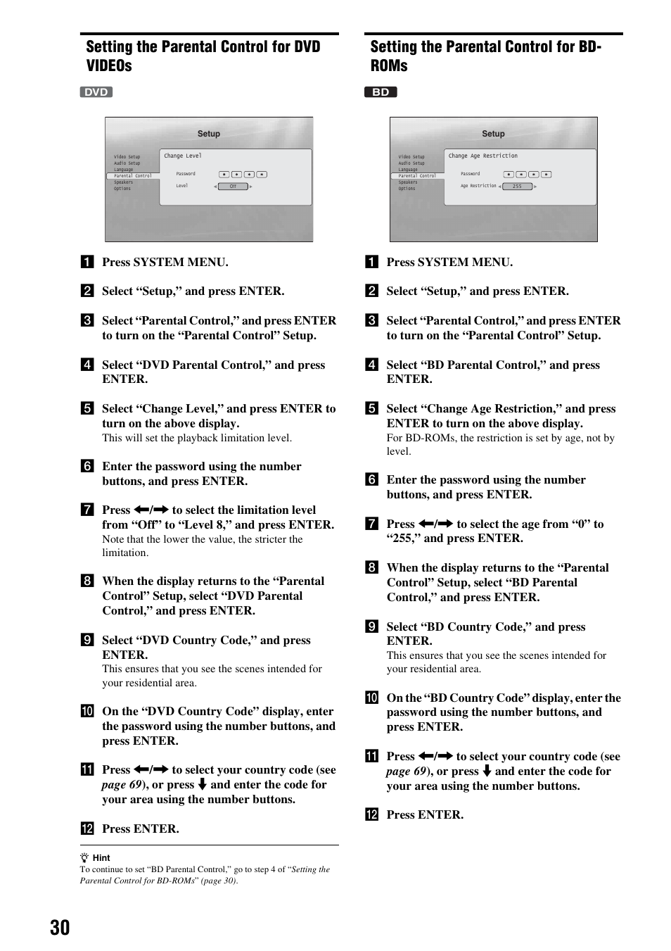 Setting the parental control for dvd videos, Setting the parental control for bd- roms | Sony 3-270-909-11(1) User Manual | Page 30 / 71