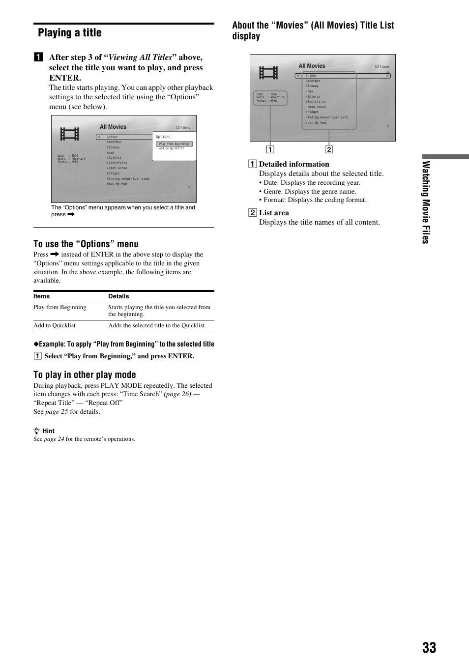 Playing a title, Watching movie fil e s, About the “movies” (all movies) title list display | Sony 3-270-909-11(1) User Manual | Page 33 / 71