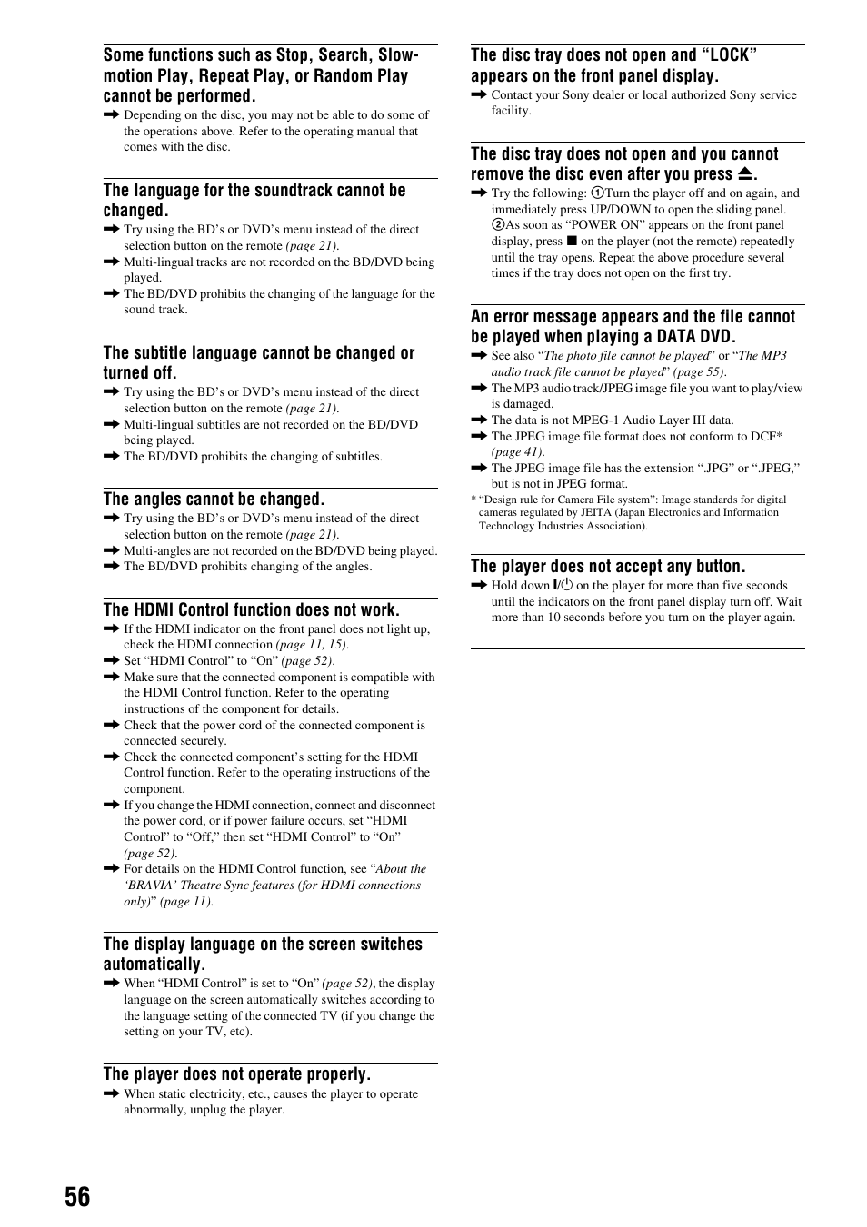 The language for the soundtrack cannot be changed, The angles cannot be changed, The hdmi control function does not work | The player does not operate properly, The player does not accept any button | Sony 3-270-909-11(1) User Manual | Page 56 / 71