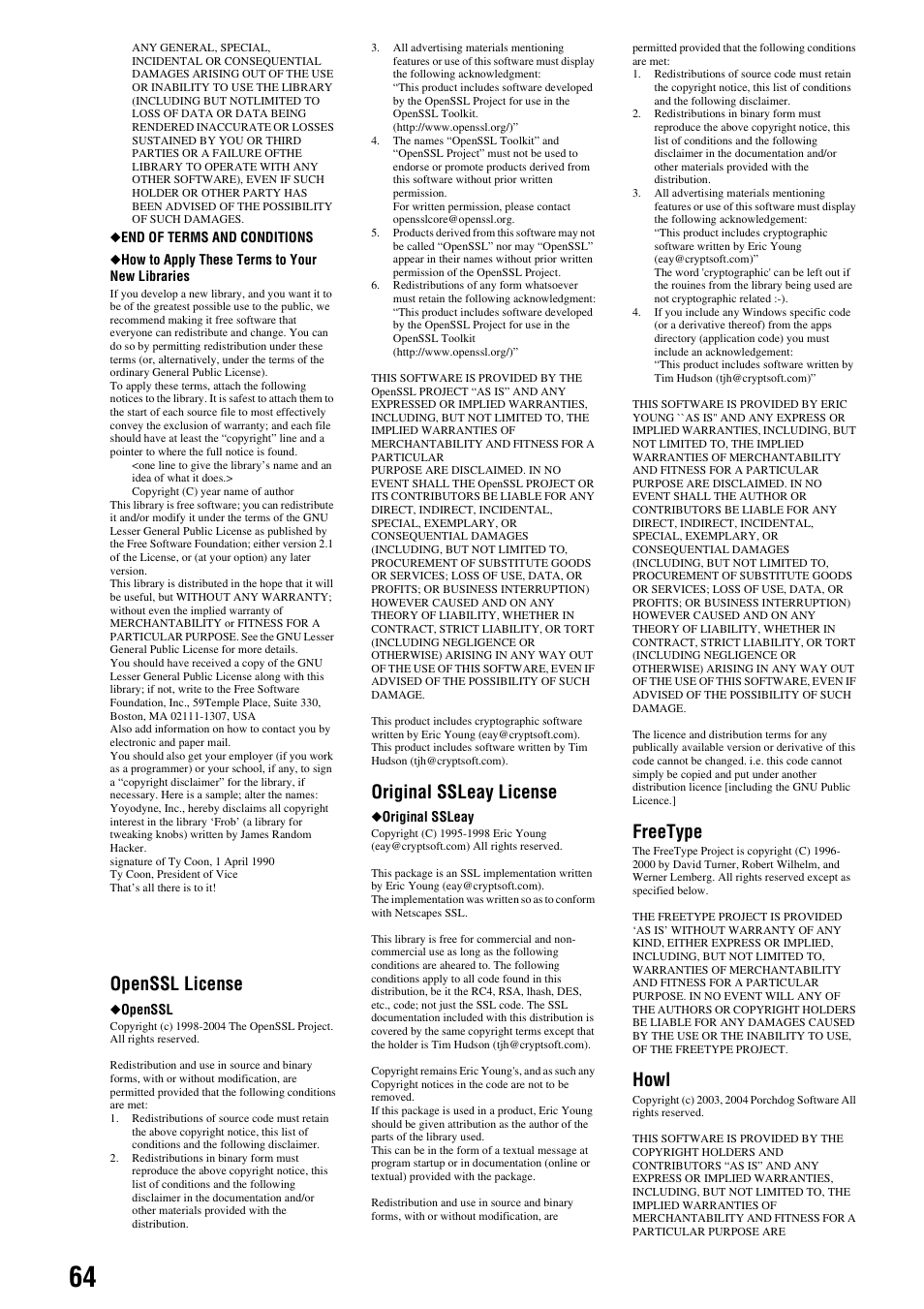 Openssl license, Original ssleay license, Freetype | Howl | Sony 3-270-909-11(1) User Manual | Page 64 / 71