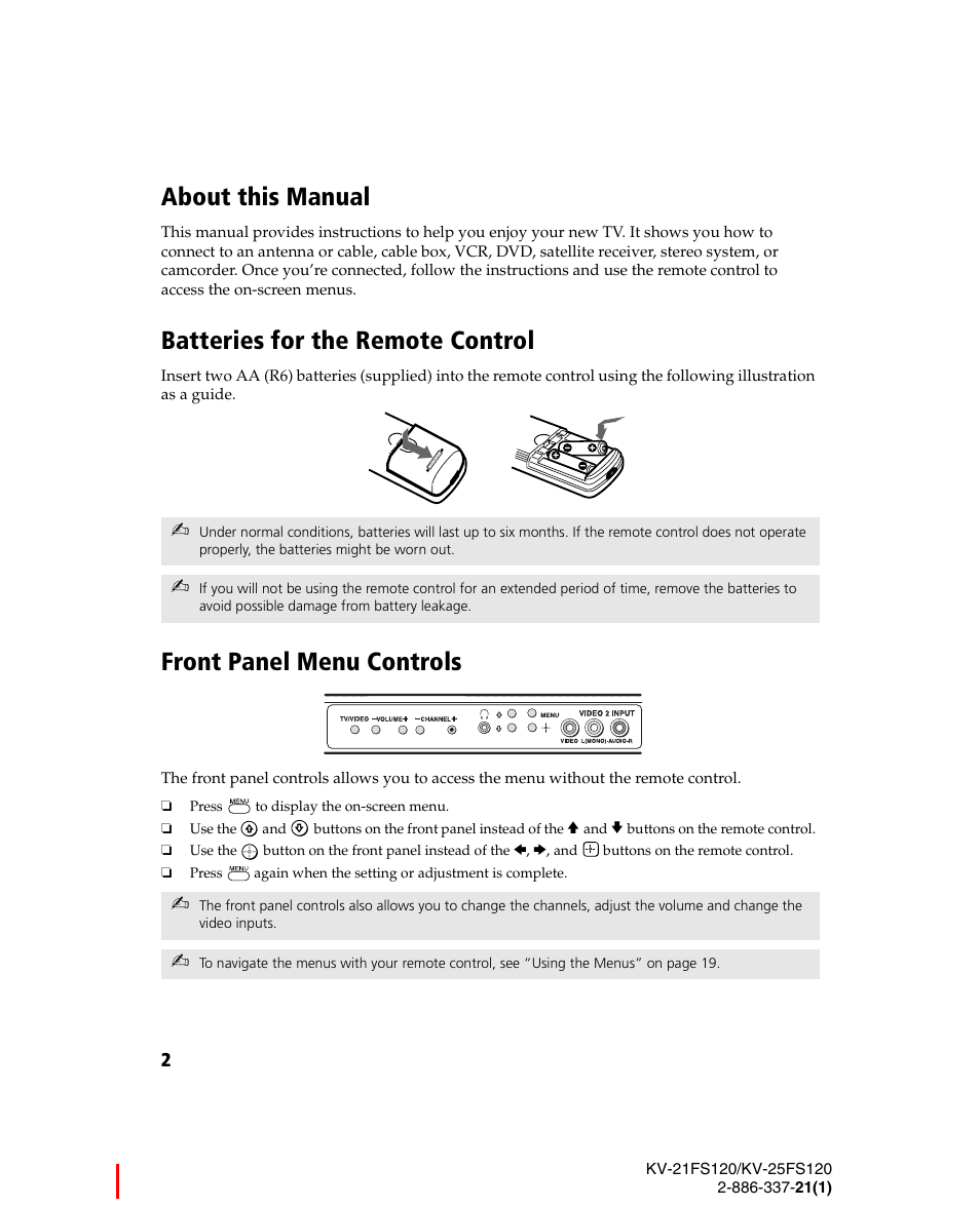About this manual, Batteries for the remote control, Front panel menu controls | Sony WEGA KV-21FS120 User Manual | Page 10 / 48