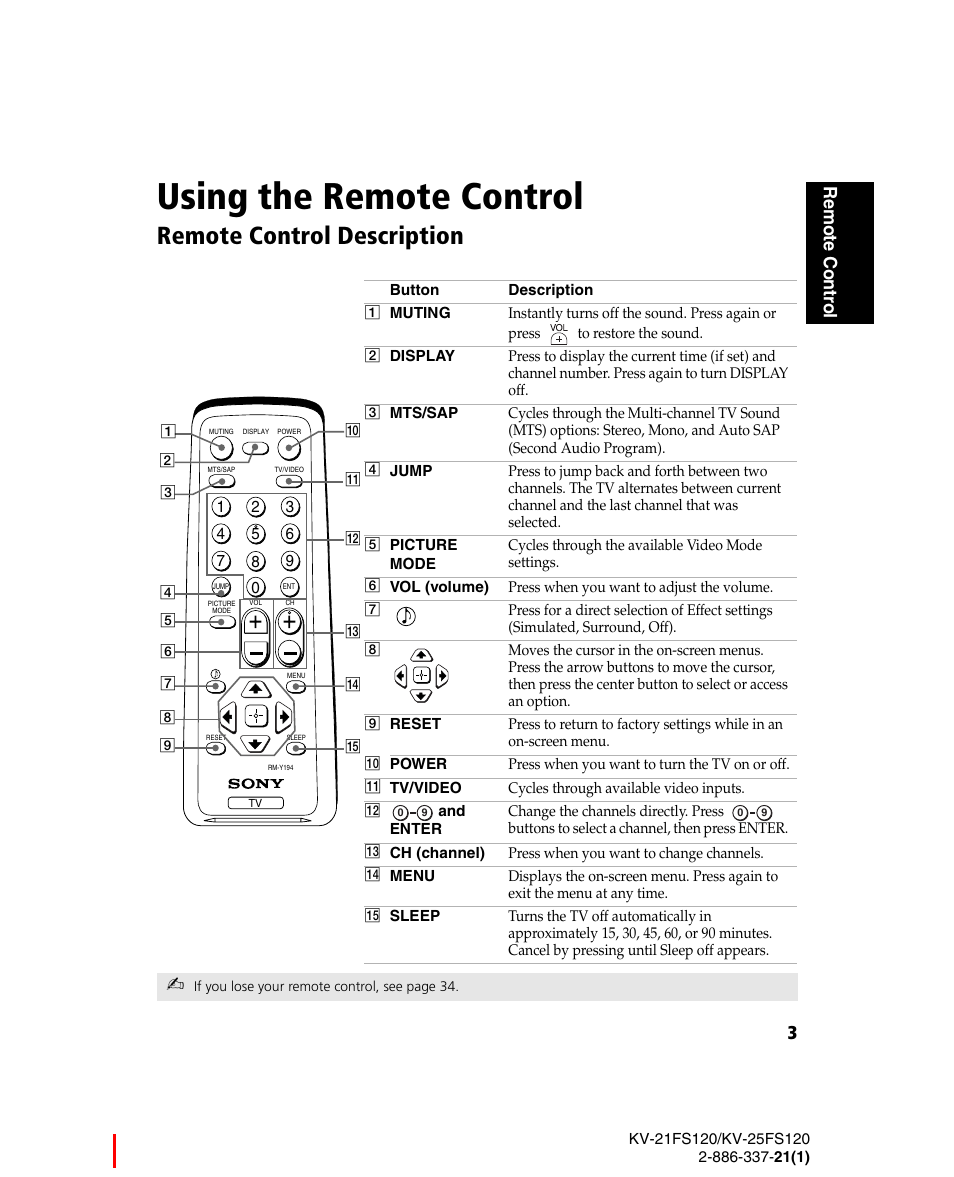Using the remote control, Remote control description, 3rem o te c ont ro l | Sony WEGA KV-21FS120 User Manual | Page 11 / 48