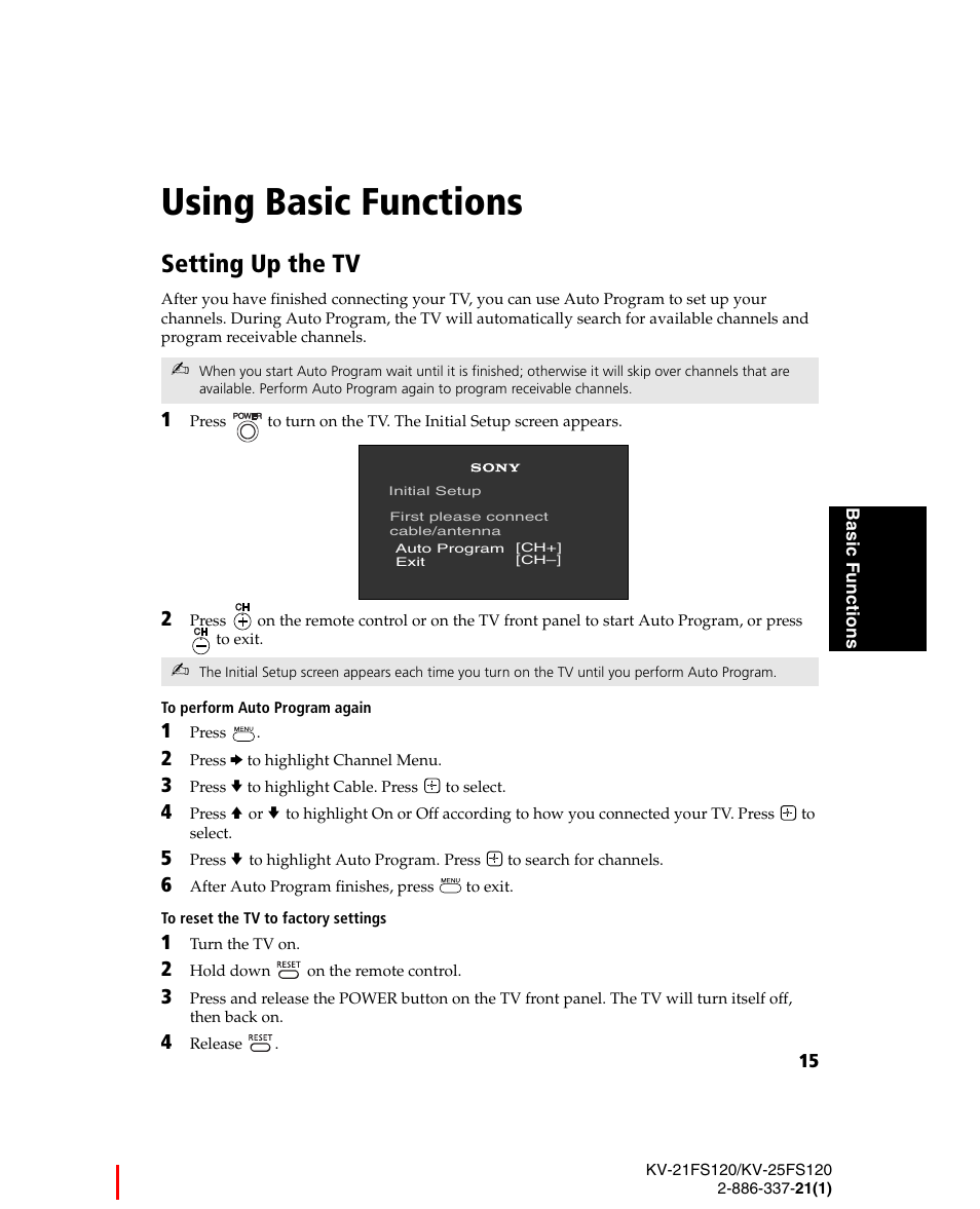 Using basic functions, Setting up the tv | Sony WEGA KV-21FS120 User Manual | Page 23 / 48