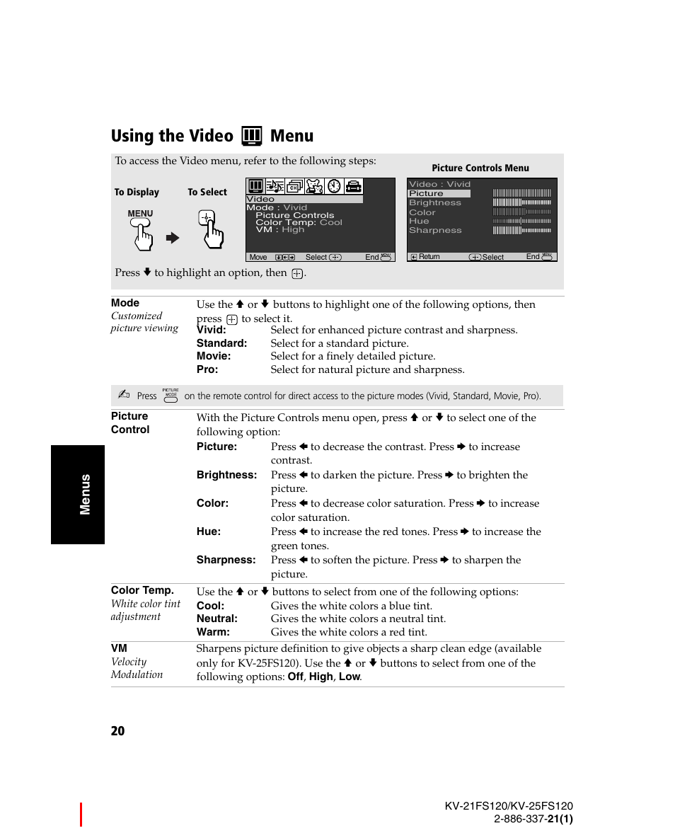 Using the video menu | Sony WEGA KV-21FS120 User Manual | Page 28 / 48