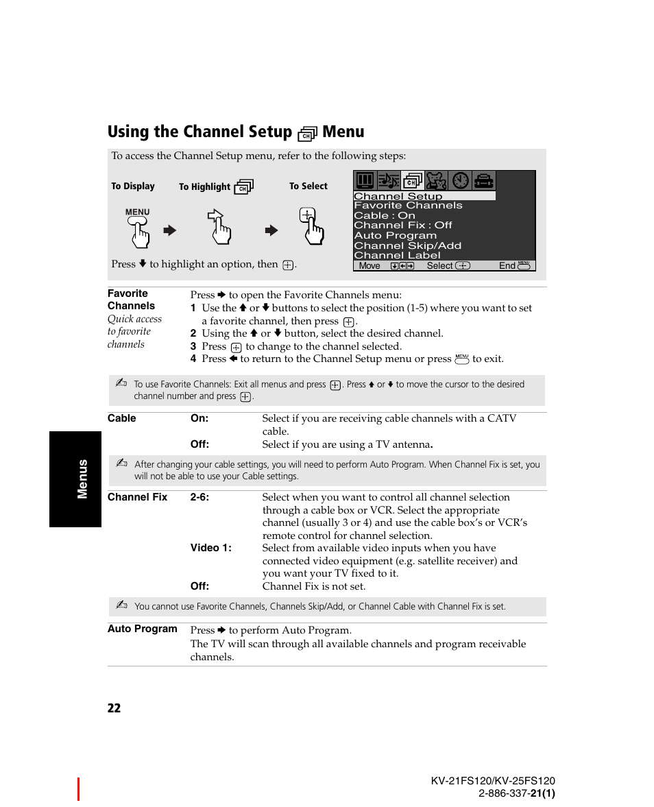 Using the channel setup menu, 3 press to change to the channel selected | Sony WEGA KV-21FS120 User Manual | Page 30 / 48