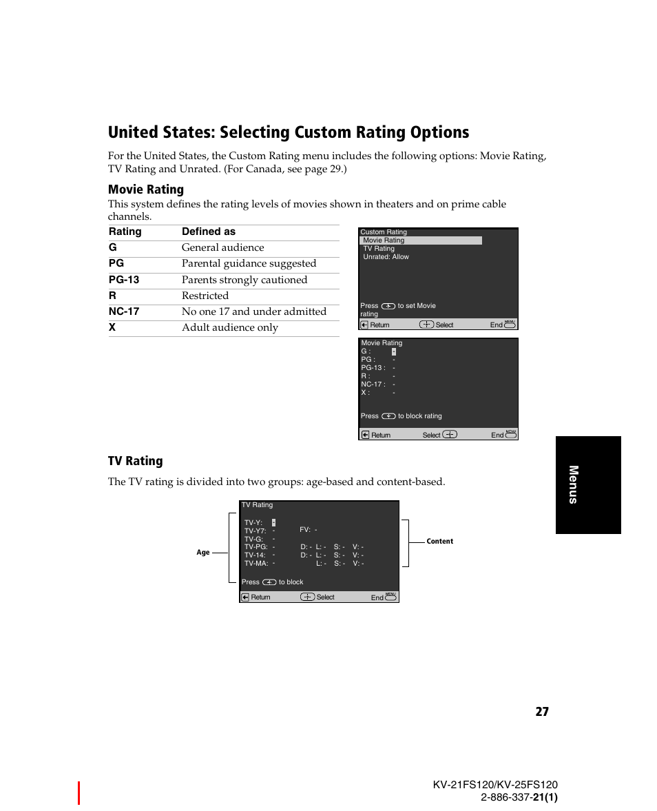 United states: selecting custom rating options, Movie rating, Tv rating | Me n u s | Sony WEGA KV-21FS120 User Manual | Page 35 / 48