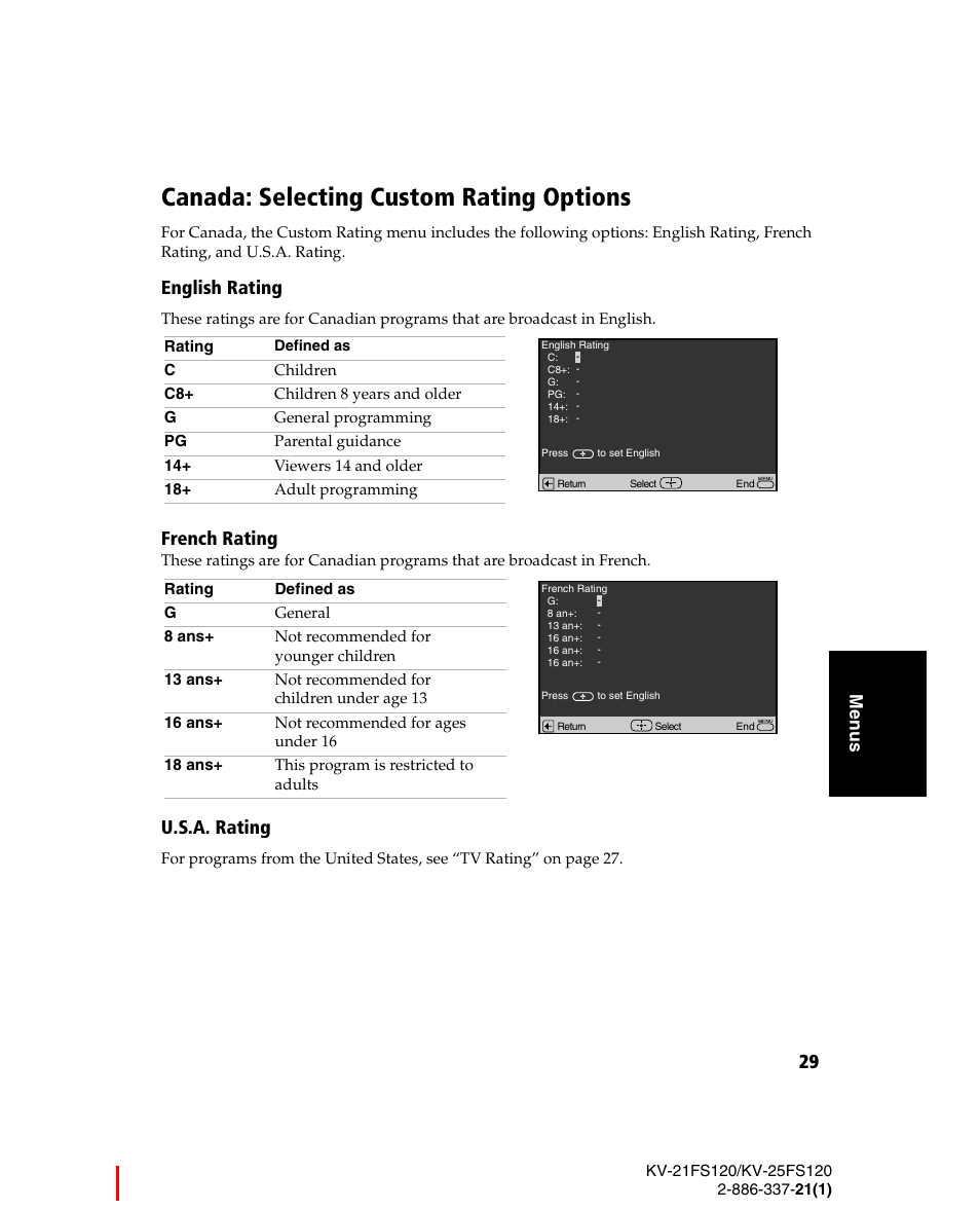Canada: selecting custom rating options, English rating, French rating | U.s.a. rating | Sony WEGA KV-21FS120 User Manual | Page 37 / 48