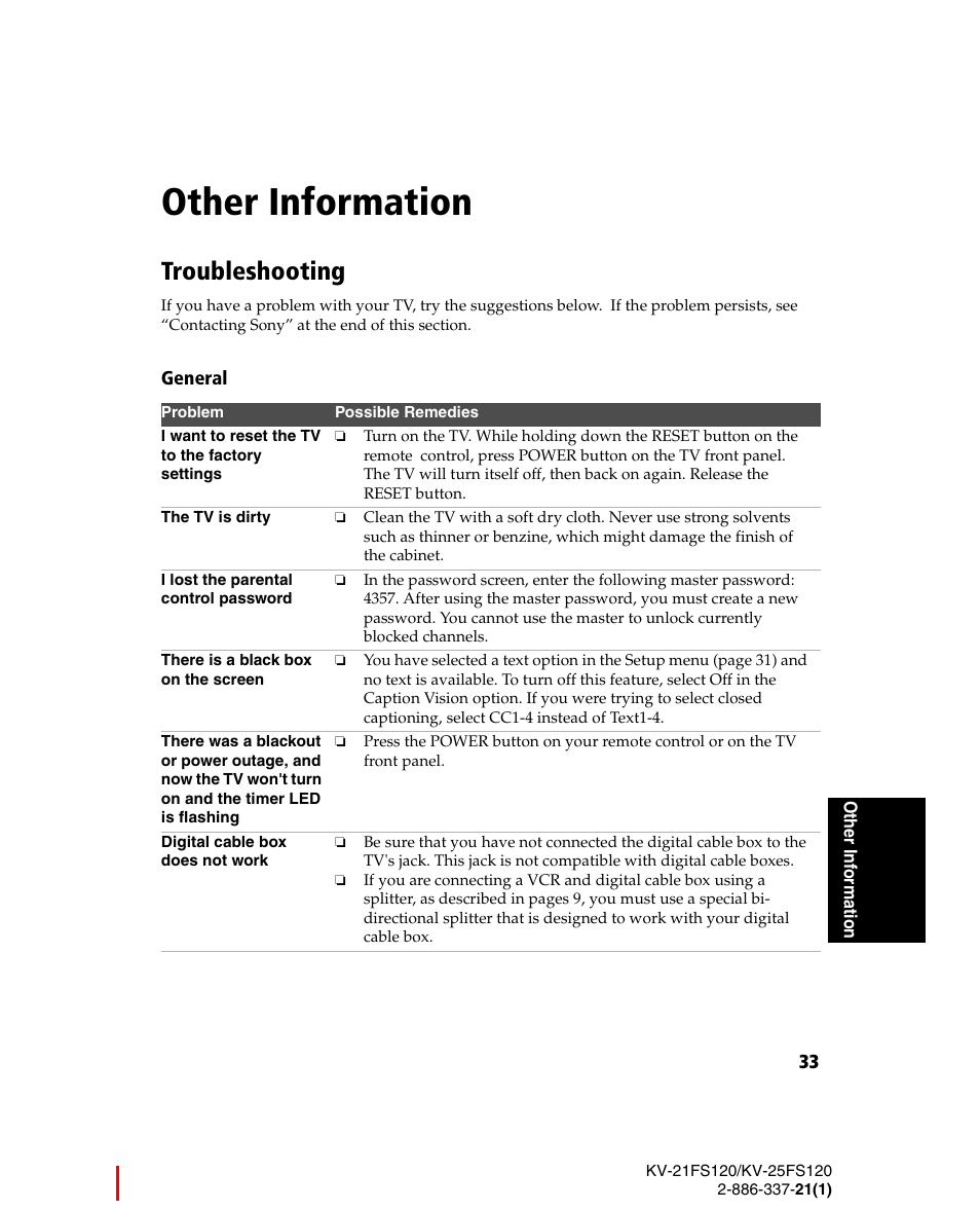 Other information, Troubleshooting | Sony WEGA KV-21FS120 User Manual | Page 41 / 48