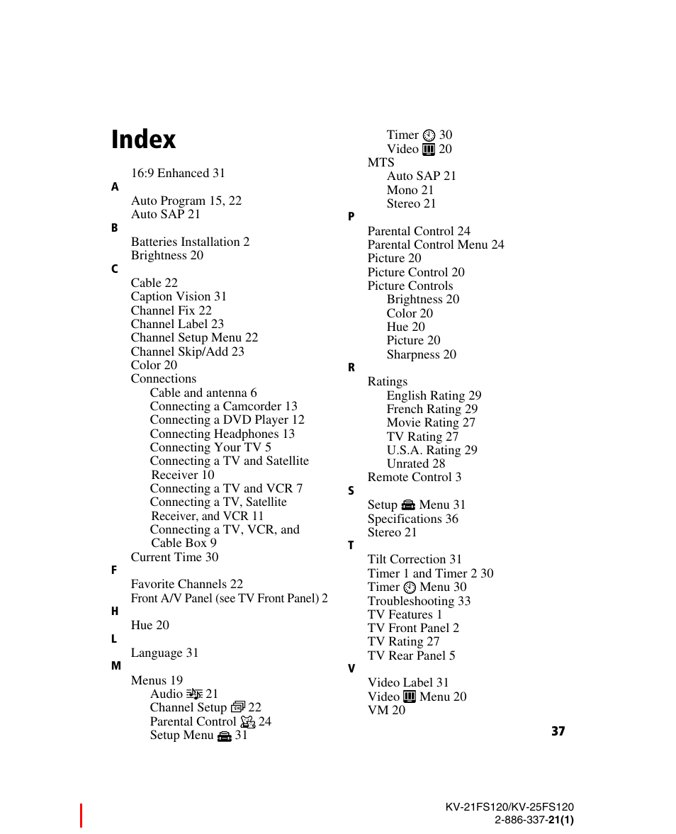 Index | Sony WEGA KV-21FS120 User Manual | Page 45 / 48