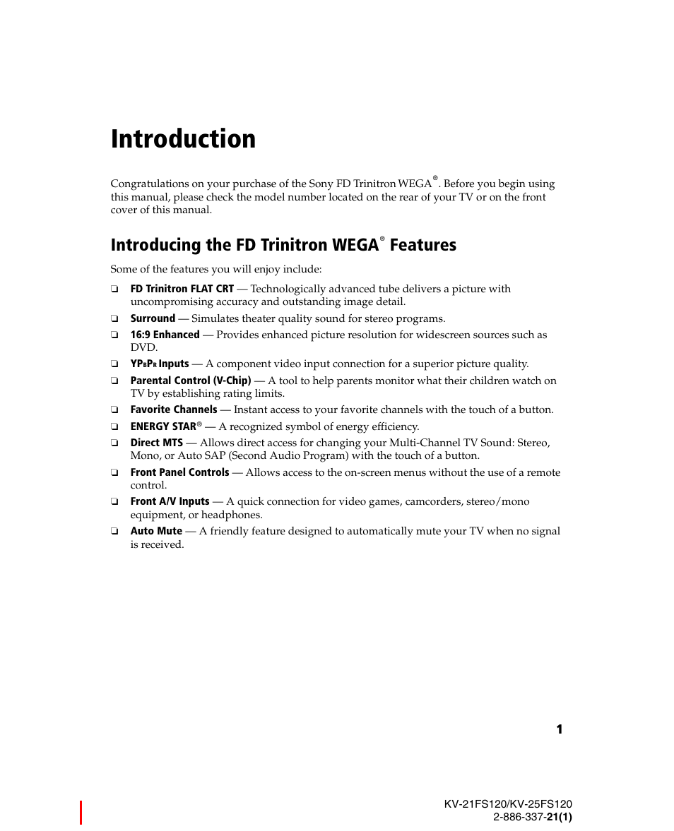 Introduction, Introducing the fd trinitron wega features | Sony WEGA KV-21FS120 User Manual | Page 9 / 48