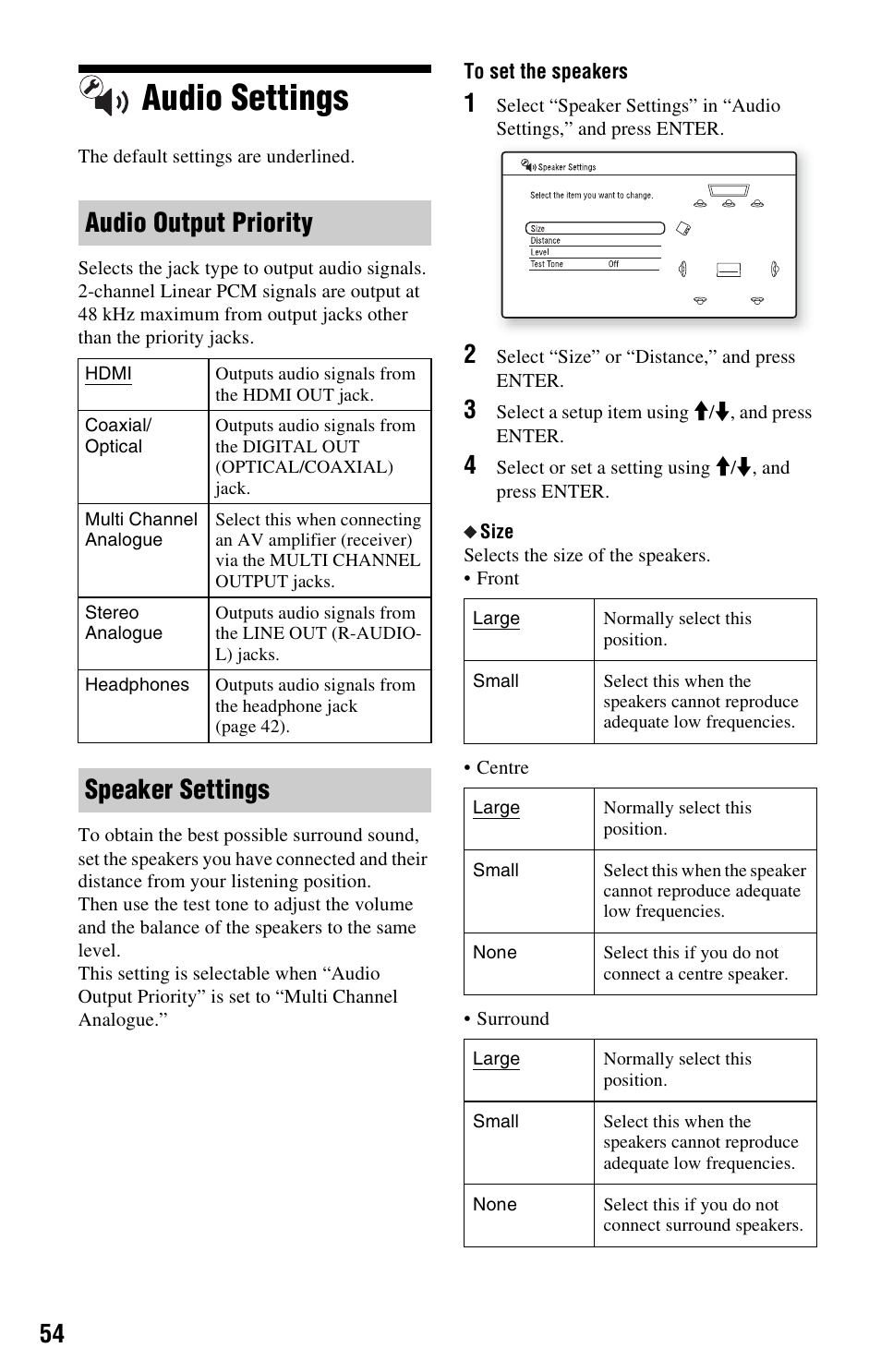 Audio settings, Audio output priority, Speaker settings | Sony BDP-S760 User Manual | Page 54 / 87