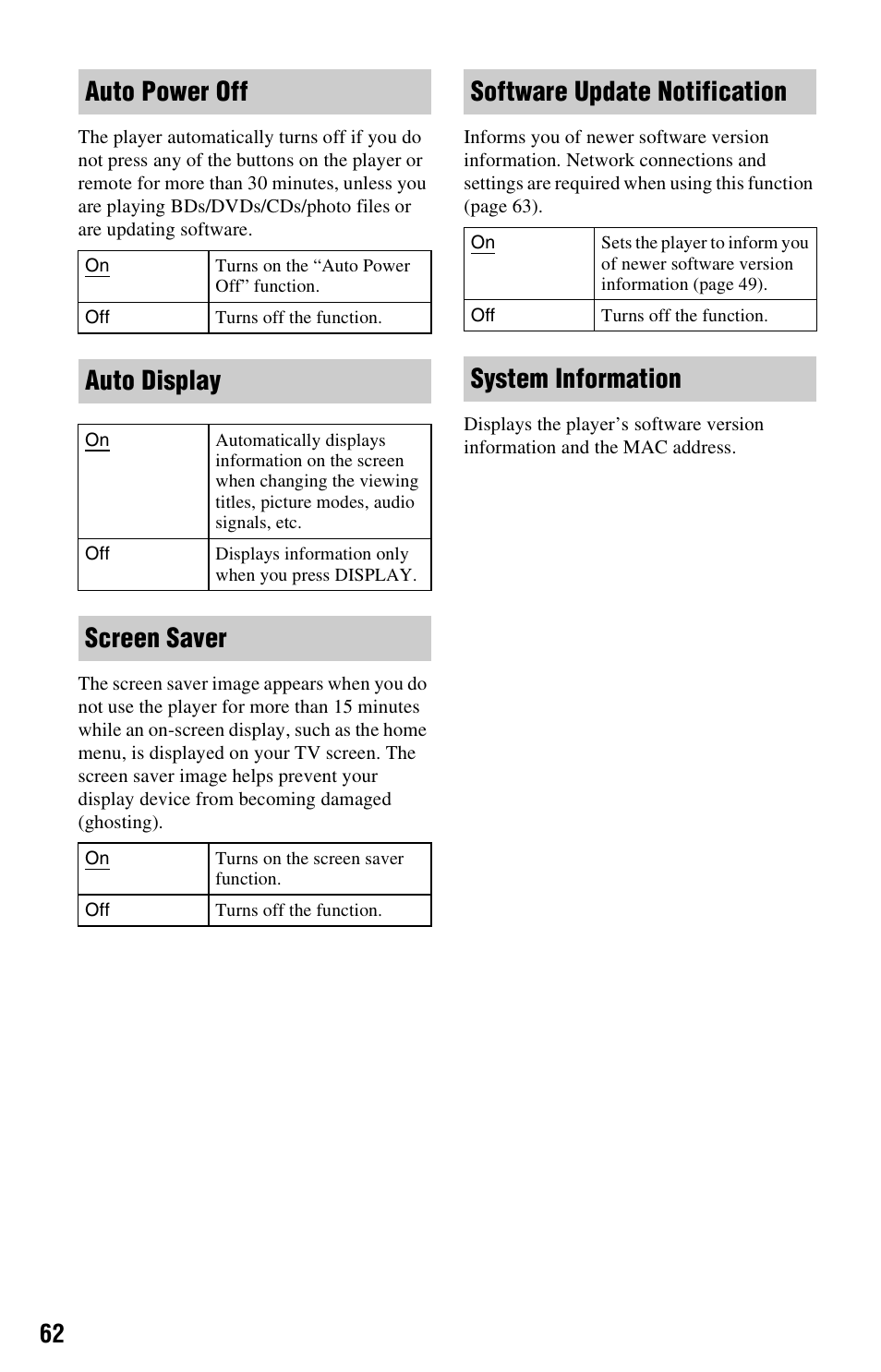 Auto power off, Auto display, Screen saver | Software update notification, System information | Sony BDP-S760 User Manual | Page 62 / 87
