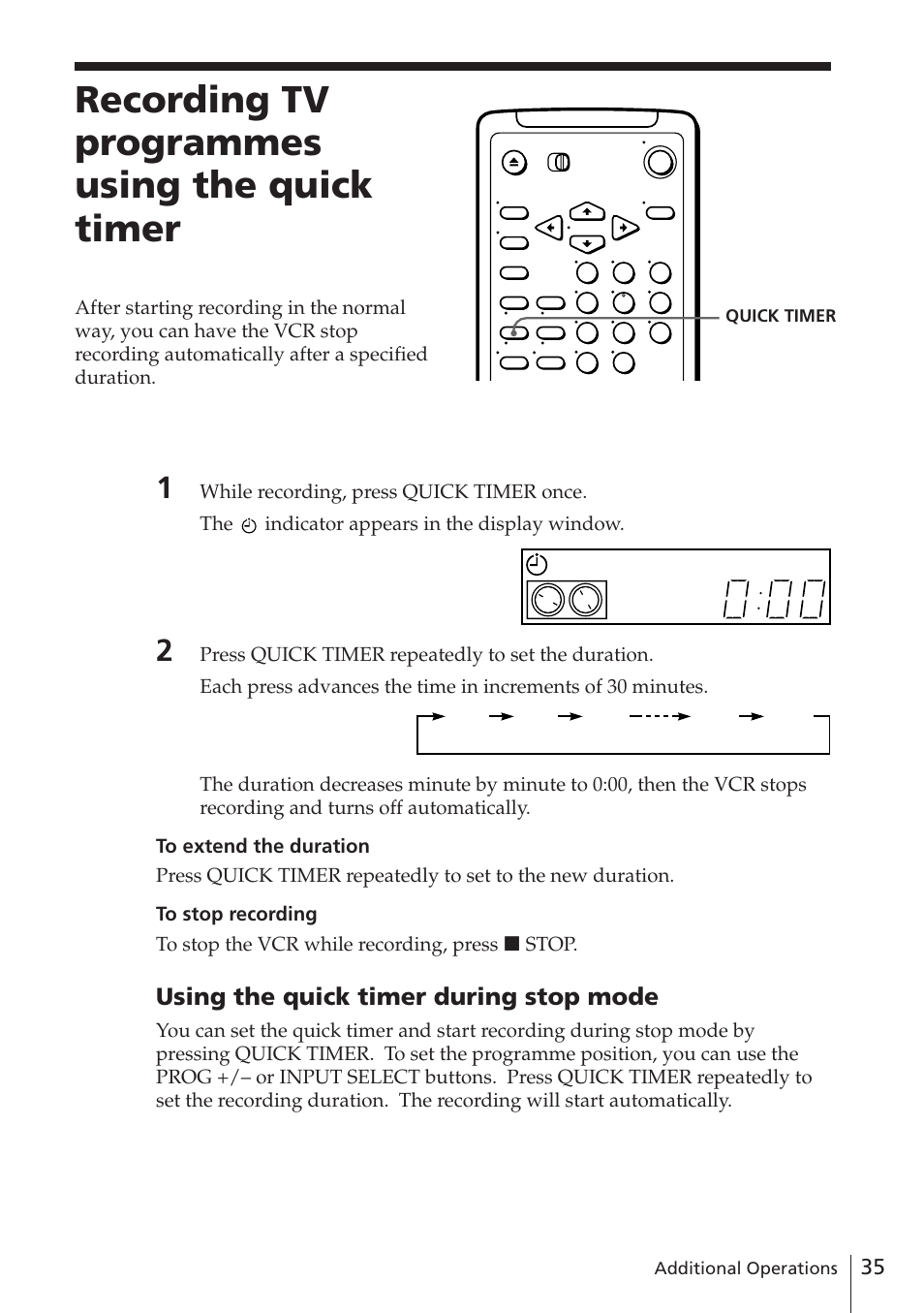 Recording tv programmes using the quick timer, Using the quick timer during stop mode | Sony SLV-E580EE User Manual | Page 35 / 56