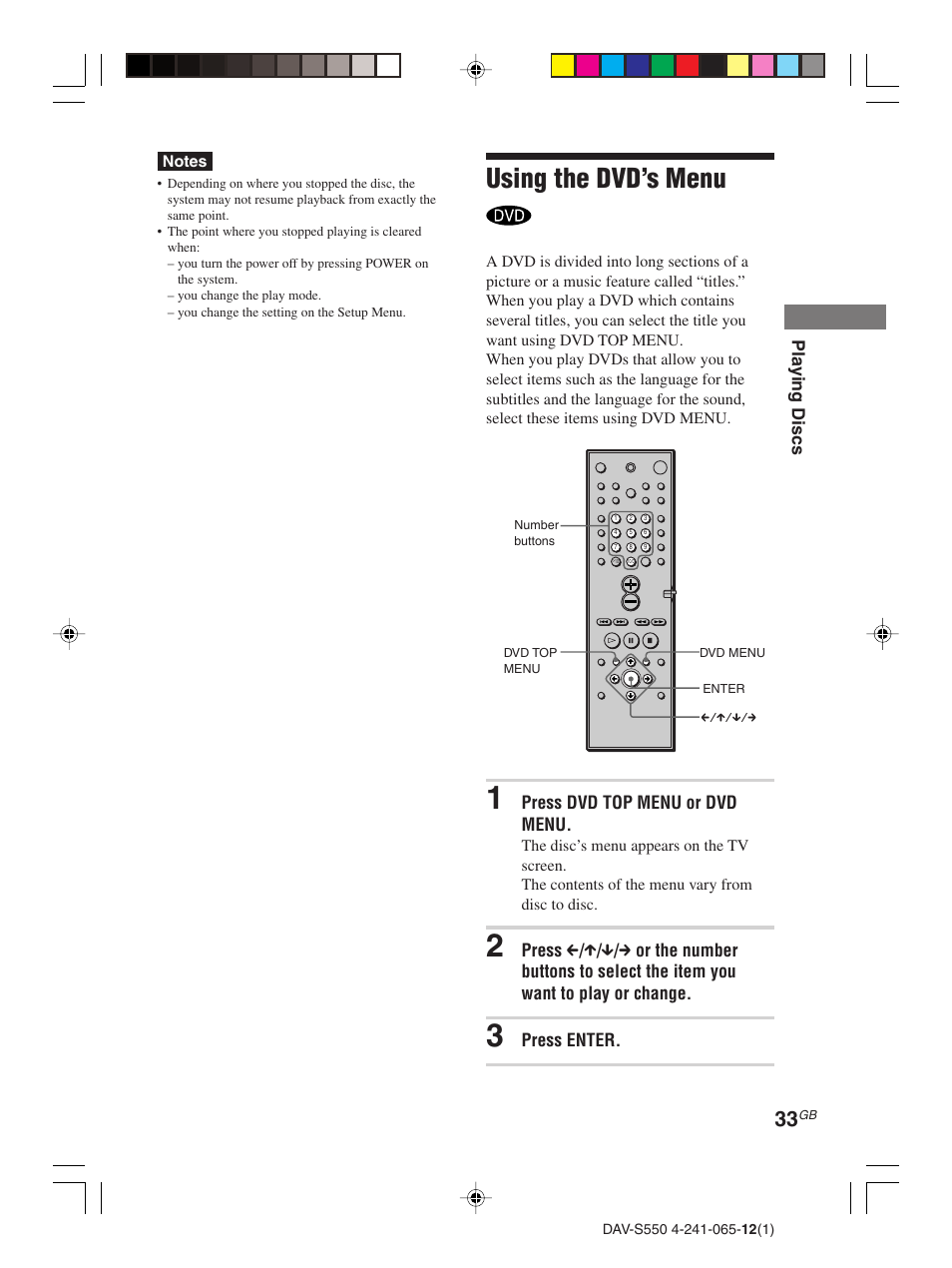 Using the dvd’s menu | Sony DAV-S550 User Manual | Page 33 / 84