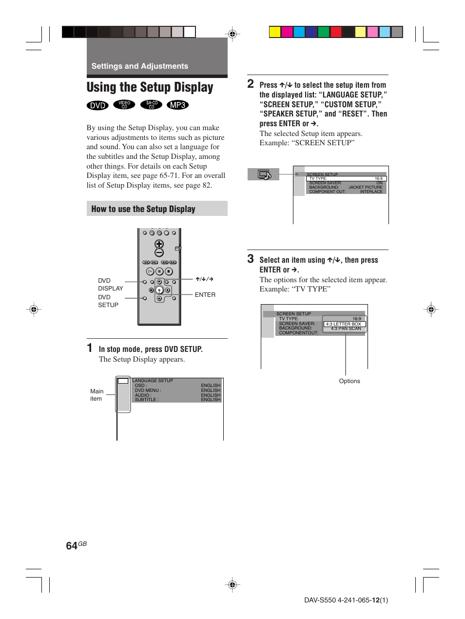 Settings and adjustments, Using the setup display | Sony DAV-S550 User Manual | Page 64 / 84