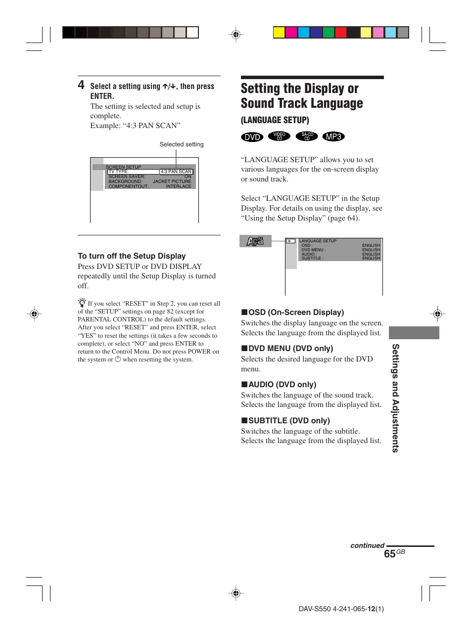Setting the display or sound track language, Settings for the display | Sony DAV-S550 User Manual | Page 65 / 84