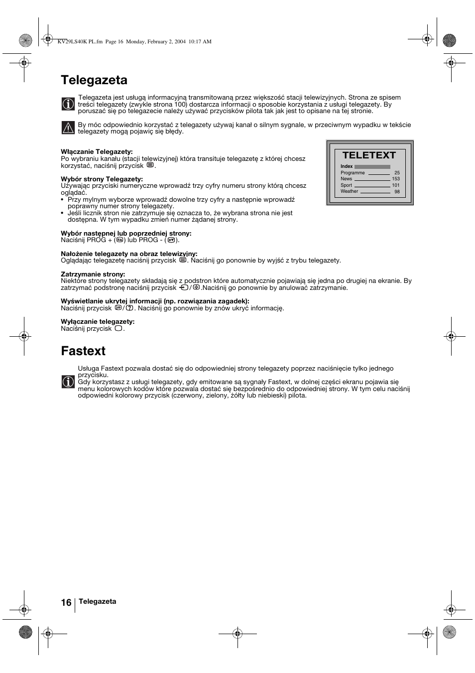 Telegazeta, Fastext, Teletext | Sony FD Trinitron KV-29LS40K User Manual | Page 96 / 124