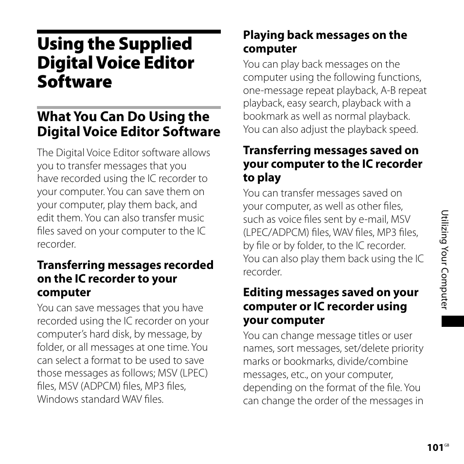 Using the supplied digital voice editor software, Using the supplied digital voice editor, Software | What you can do using the digital, Voice editor software | Sony ICD-SX800 User Manual | Page 101 / 136