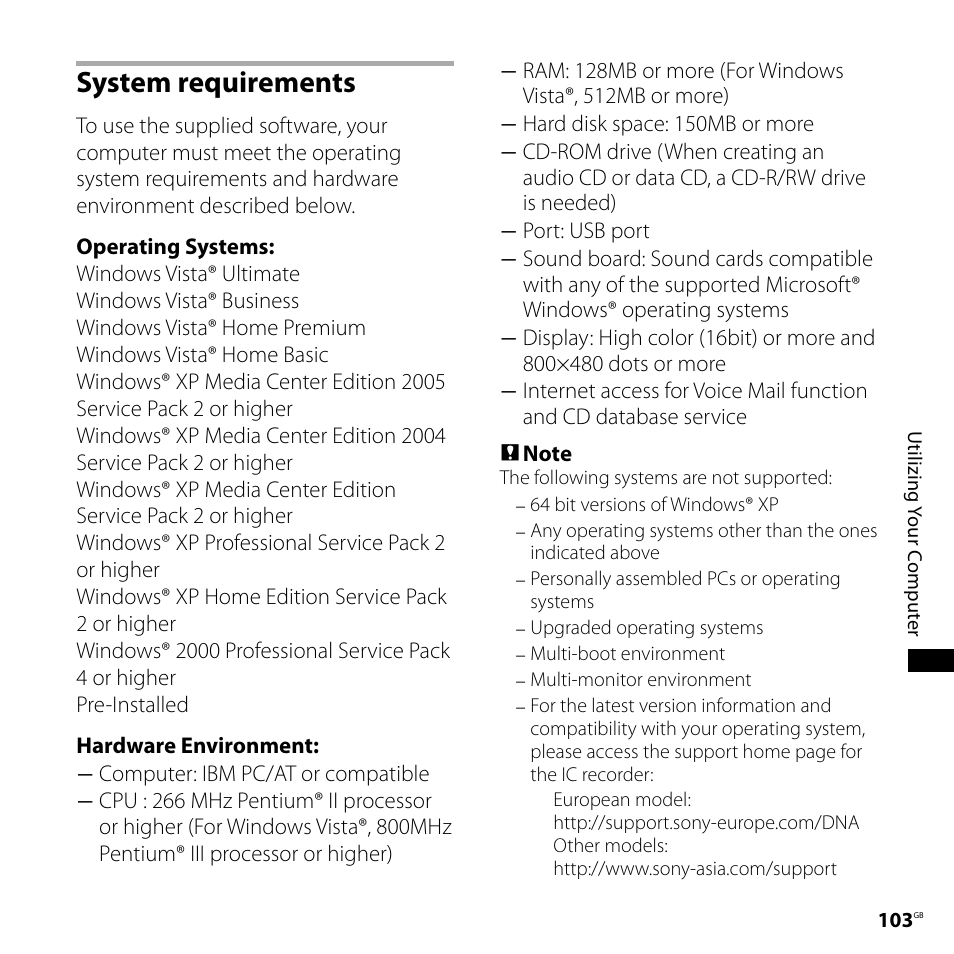 System requirements | Sony ICD-SX800 User Manual | Page 103 / 136