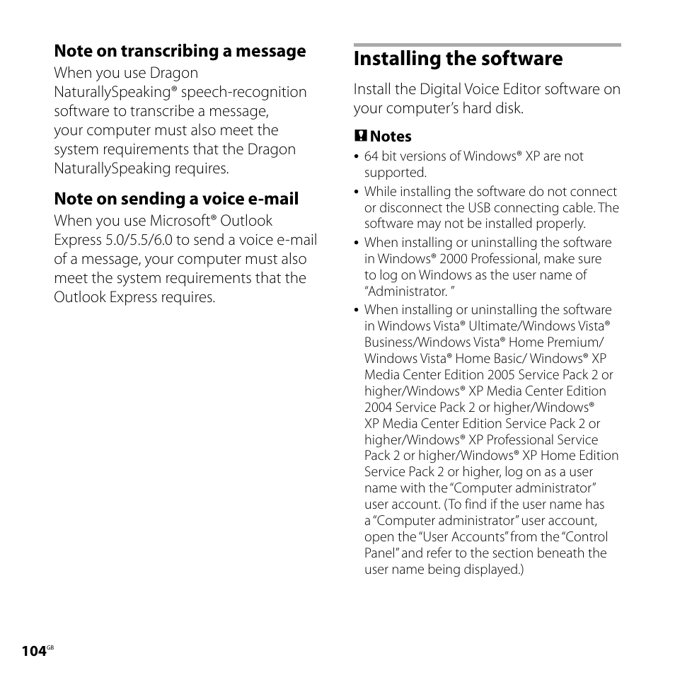 Installing the software | Sony ICD-SX800 User Manual | Page 104 / 136