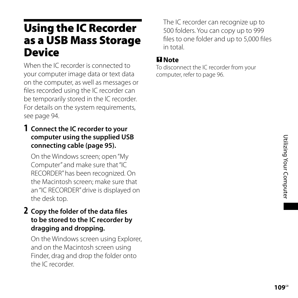 Using the ic recorder as a usb mass storage device, Using the ic recorder as a usb mass, Storage device | Sony ICD-SX800 User Manual | Page 109 / 136