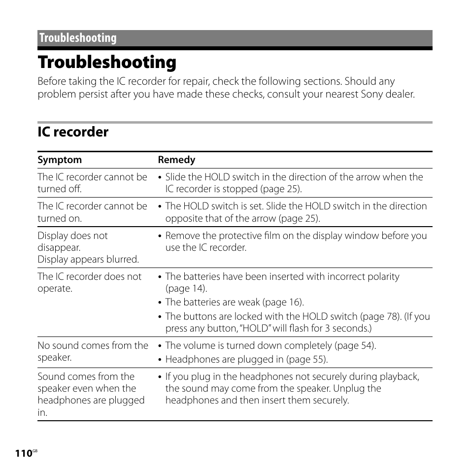 Troubleshooting, Ic recorder | Sony ICD-SX800 User Manual | Page 110 / 136