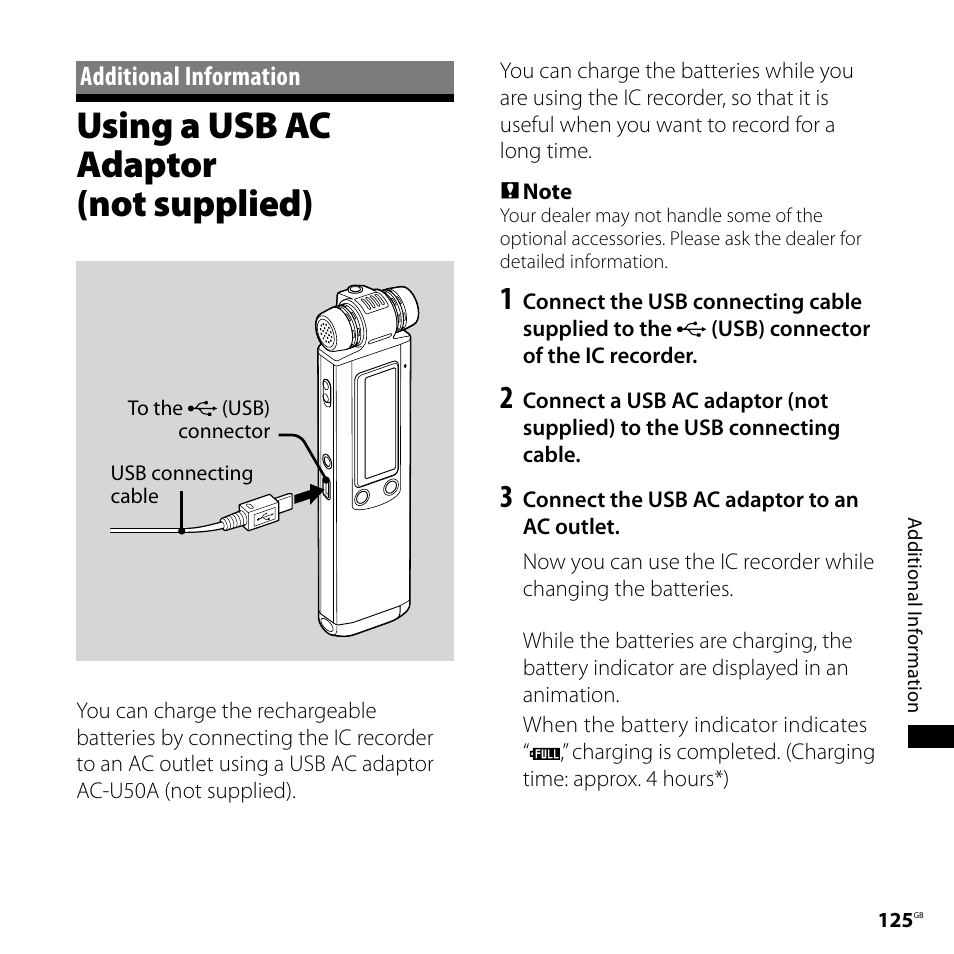Additional information, Using a usb ac adaptor (not supplied), Using a usb ac adaptor | Not supplied) | Sony ICD-SX800 User Manual | Page 125 / 136