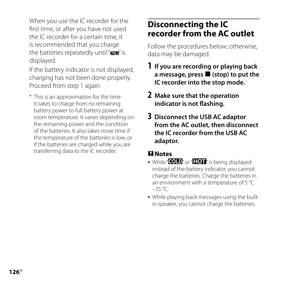 Disconnecting the ic recorder from the ac outlet, Disconnecting the ic recorder from, The ac outlet | Sony ICD-SX800 User Manual | Page 126 / 136