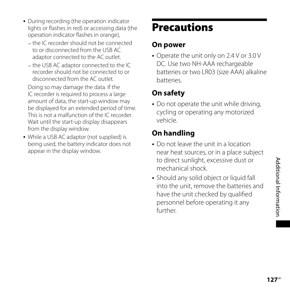 Precautions, On power, On safety | On handling | Sony ICD-SX800 User Manual | Page 127 / 136