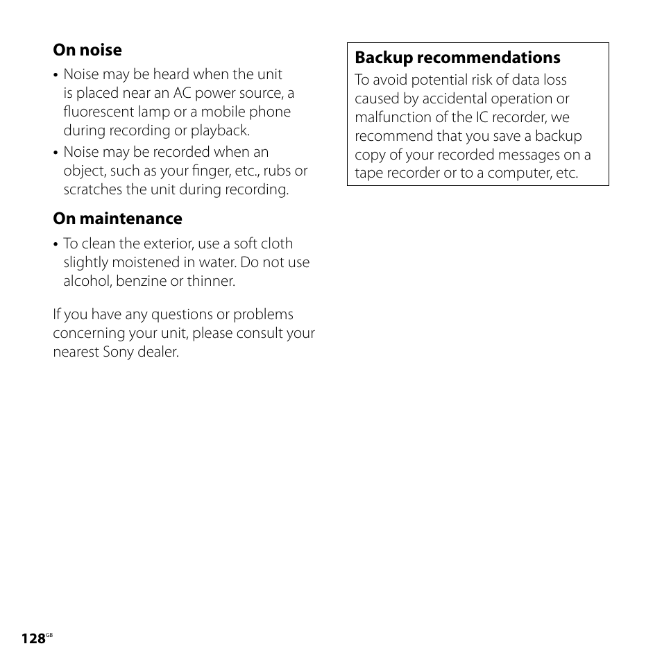 On noise, On maintenance, Backup recommendations | Sony ICD-SX800 User Manual | Page 128 / 136