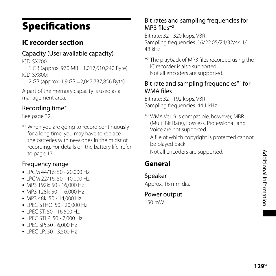 Specifications, General | Sony ICD-SX800 User Manual | Page 129 / 136